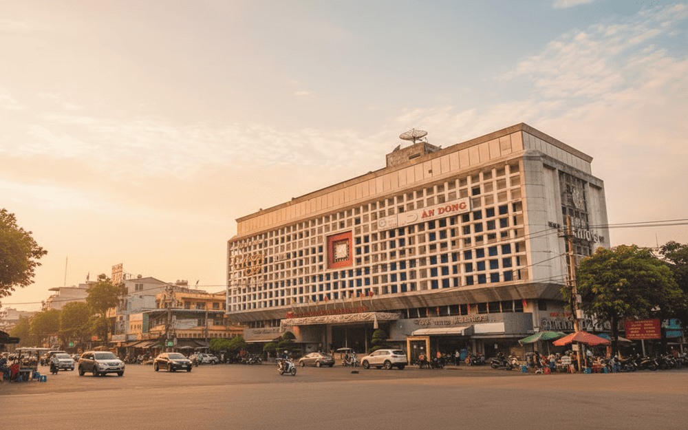The market in soft morning light, less crowded but full of life